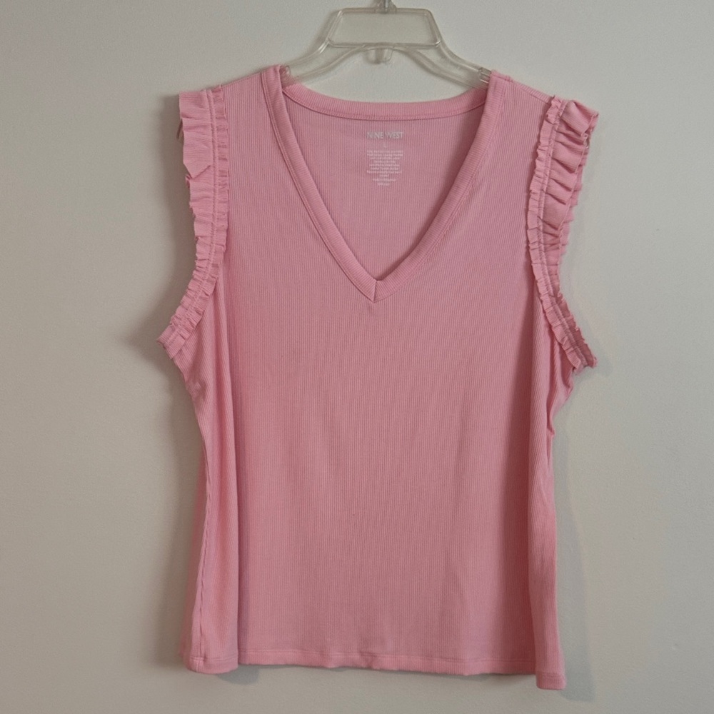 Nine West Pink Ruffle V-Neck Tank Top NWOT